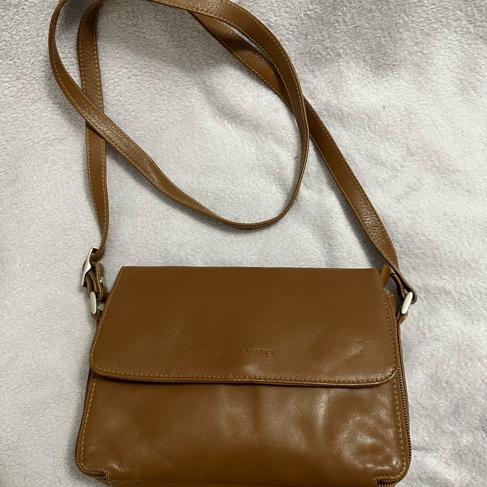 Derek Alexander 3/4 Flap East/West Organizer Shoulder Bag in Tan Leather EUC